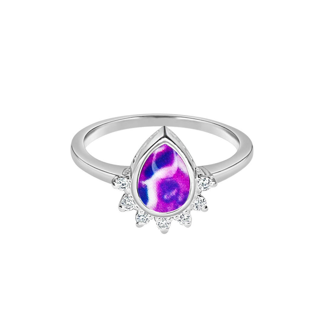 Sterling silver teardrop shaped ring with half halo of cubic zirconia stones and pancreatic cancer cell image under resin pendant