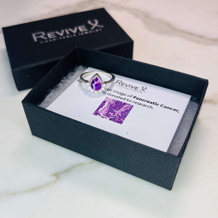 Sterling silver teardrop shaped ring with half halo of cubic zirconia stones and pancreatic cancer cell image under resin pendant product packaging