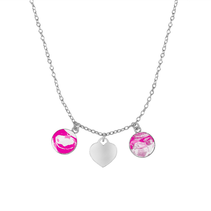 Silver necklace with 2 pink round pendants featuring sonogram pictures and a blank heart charm