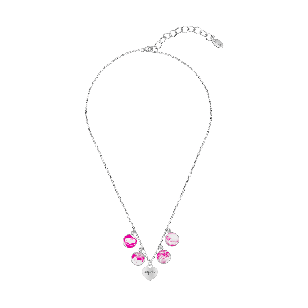Silver necklace with 4 pink round pendants featuring sonogram and baby pictures and a engraved heart charm with "Jaqueline"