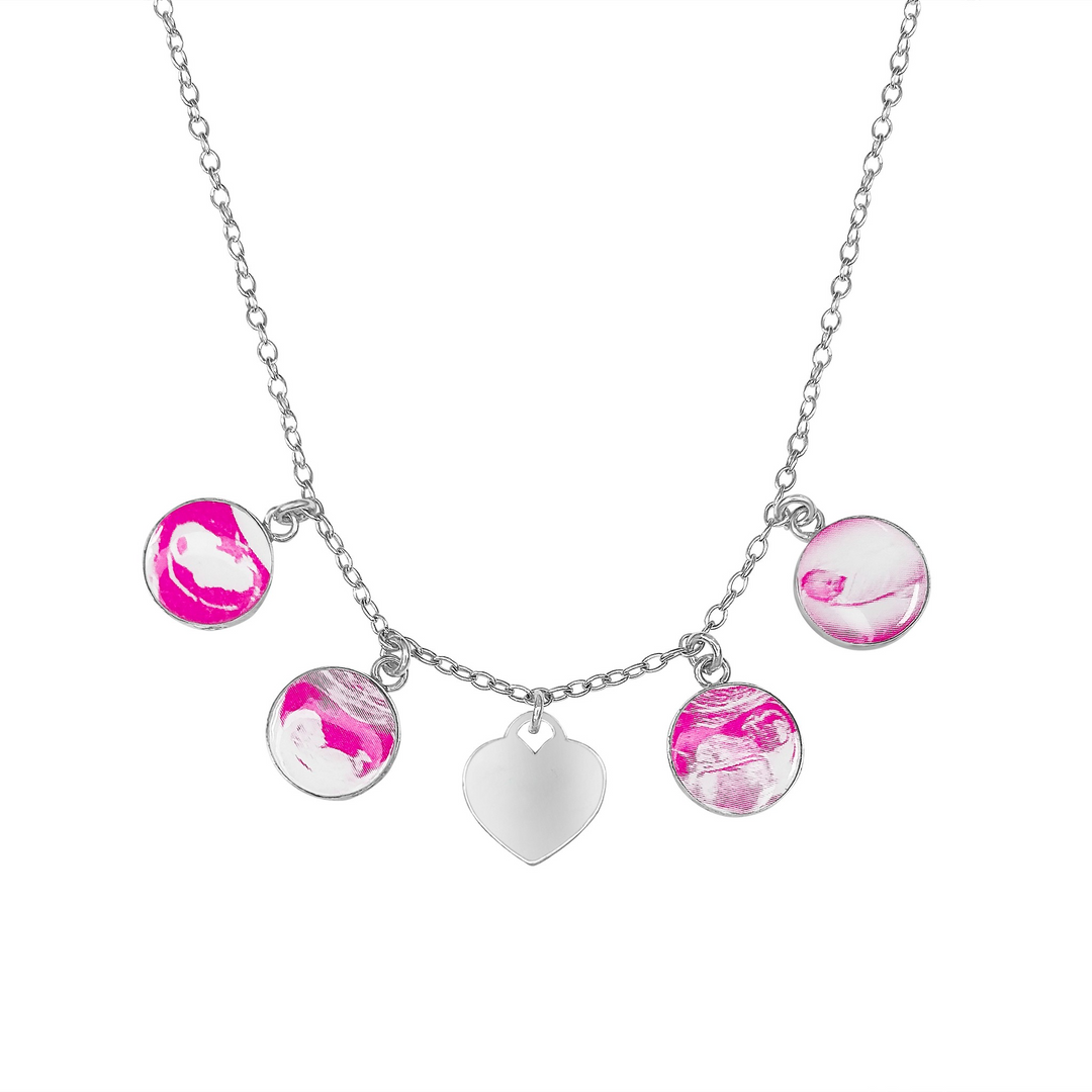 Silver necklace with 4 pink round pendants featuring sonogram and baby pictures and a blank heart charm 