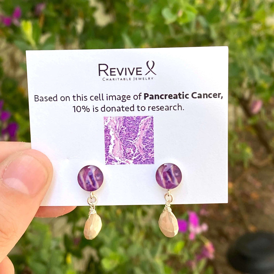 sterling silver stud earrings with purple pancreatic cancer cell image under resin and faceted mystic moonstone dangle on a product card