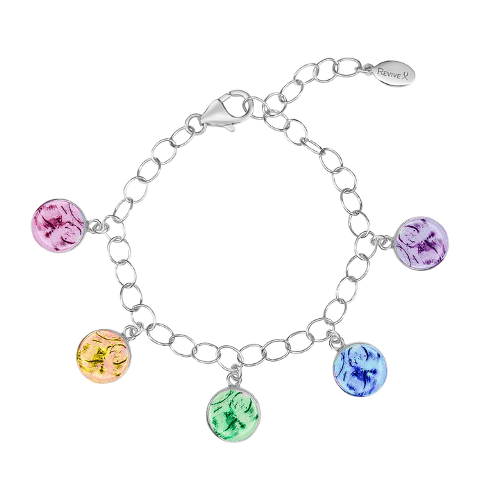 Silver bracelet with rainbow sonogram pendants on a white background