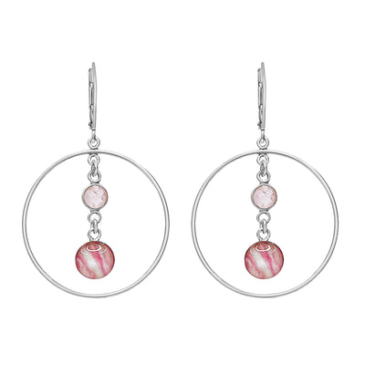 circle drop earrings for breast cancer with bezeled rose quartz stones and sterling silver hoops with round cell image pendant
