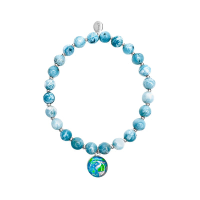 Stretch Alzheimer's awareness bracelet with smooth larimar quartz stones and Sterling silver beads with round pendant containing cell image under resin