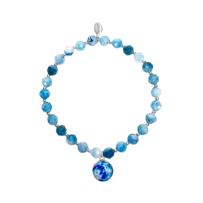 colon cancer awareness bracelet with sterling silver beads and round cell image in resin pendant with aquamarine stones