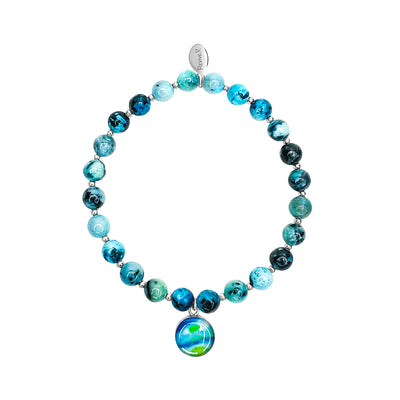 stretch diabetes bracelet with smooth ocean jasper stones and Sterling silver beads with round pendant containing cell image under resin