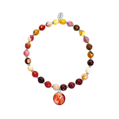 stretch leukemia awareness bracelet with Sterling silver beads and mookaite stones and round pendant with cell image under resin