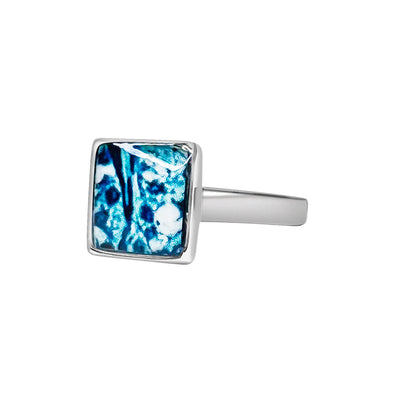 side view of square ring for ovarian cancer awareness with teal cell image under resin in Sterling silver 