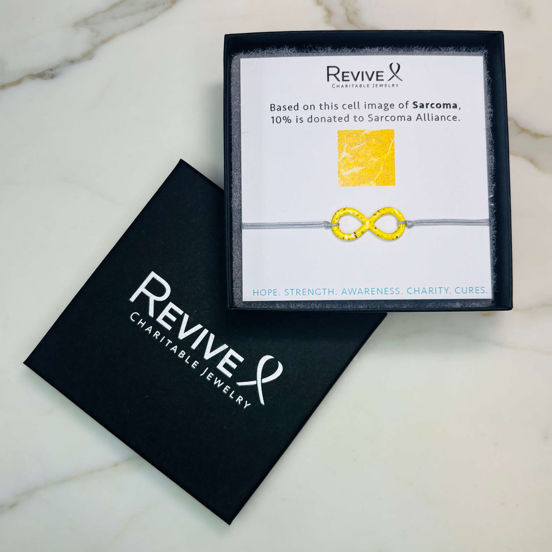 infinity pendant necklace with sarcoma cell image in resin on adjustable gray cord with Sterling silver slide bead in product packaging