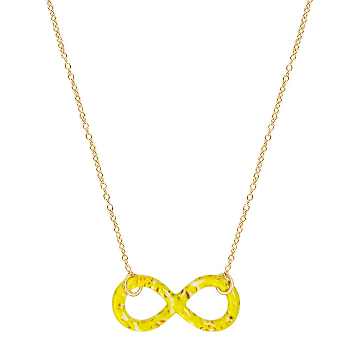 close up of infinity pendant necklace with sarcoma cell image in resin on gold filled adjustable chain 