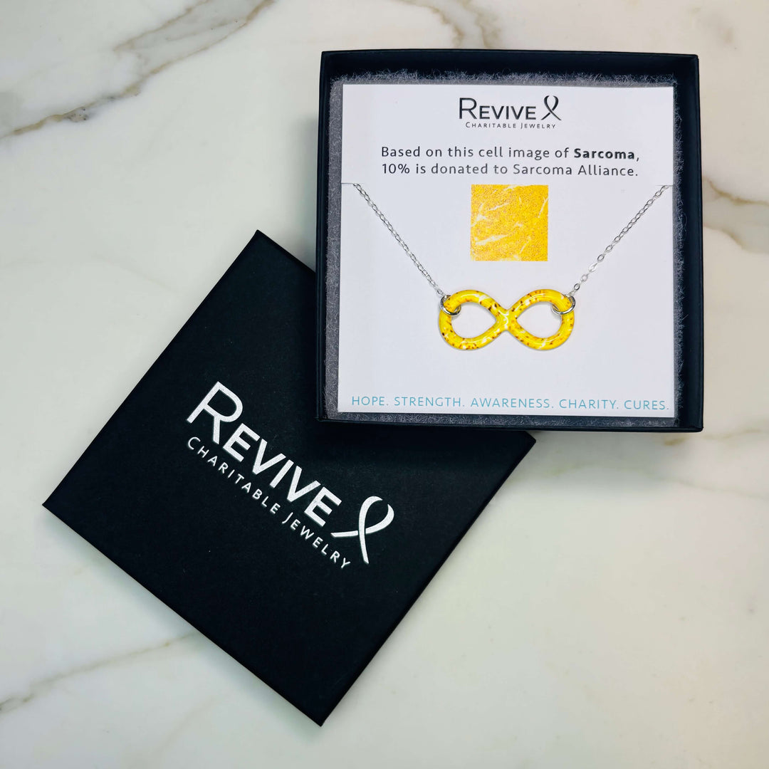 infinity pendant necklace with sarcoma cell image in resin on Sterling silver adjustable chain with product packaging