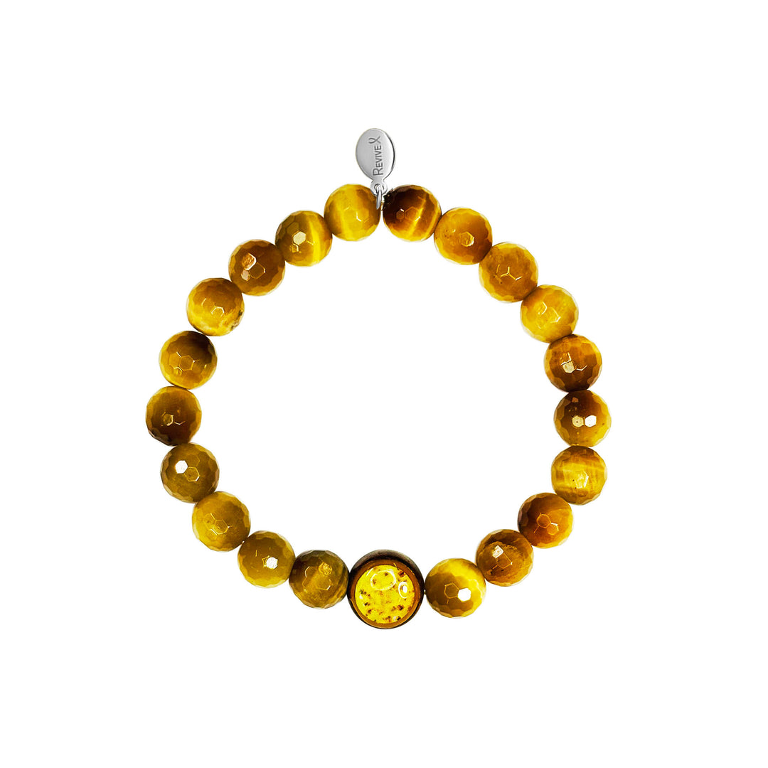 golden tiger eye stone stretch bracelet with sarcoma cell image in resin pendant