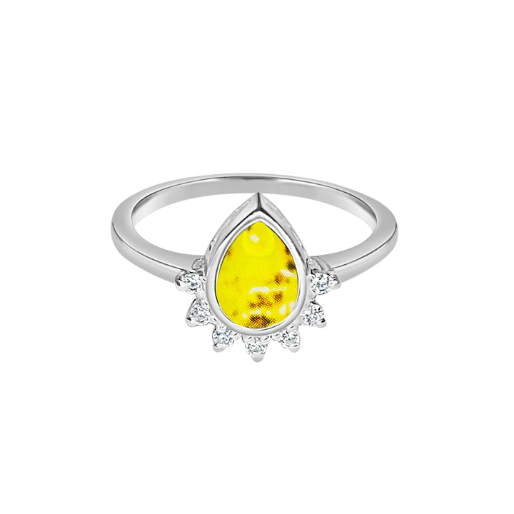 Sterling silver teardrop shaped ring with half halo of cubic zirconia stones and sarcoma cell image under resin pendant