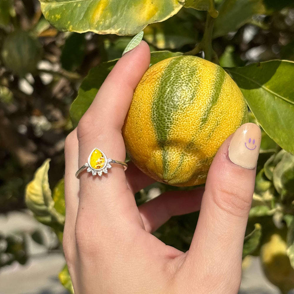 Sterling silver teardrop shaped ring with half halo of cubic zirconia stones and sarcoma cell image under resin pendant on model