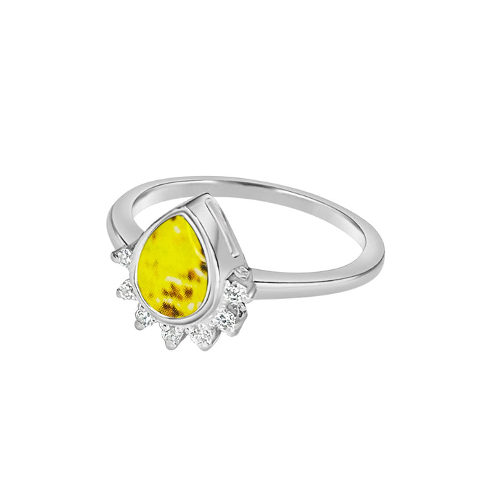 Sterling silver teardrop shaped ring with half halo of cubic zirconia stones and sarcoma cell image under resin pendant side view