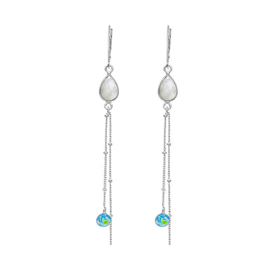 moonstone drop earrings for alzheimer's awareness with satellite chain and cell image resin pendants in Sterling silver with lever backs