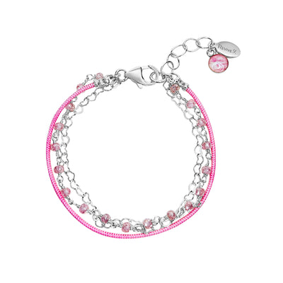 multi-strand stone bracelet for breast cancer with pink cord, cubic zirconia and heart chain with adjustable Sterling silver chain