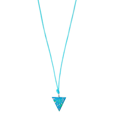 close up of triangle shaped pendant for Alzheimer's awareness on turquoise adjustable cord necklace