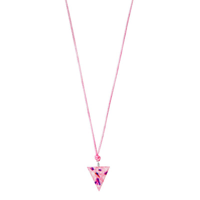 close up of Breast cancer Awareness Necklace with triangle shaped Pendant on adjustable pink cord