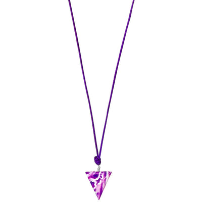 close up of Pancreatic Cancer Awareness Necklace with triangle Pendant on adjustable purple cord