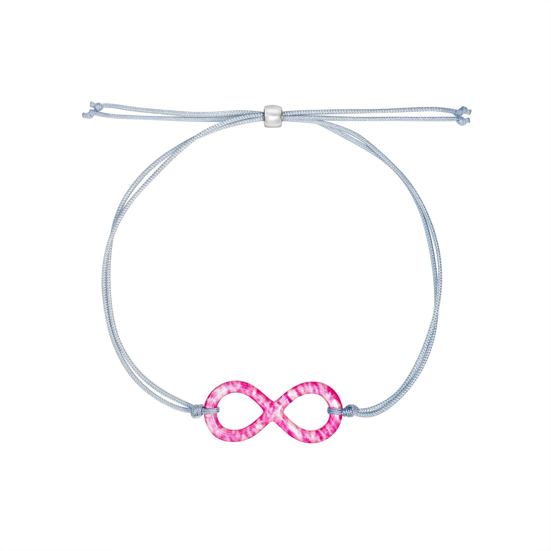 pink breast cancer cell image infinity symbol pendant with resin and gray adjustable cord with Sterling silver slide bead. 