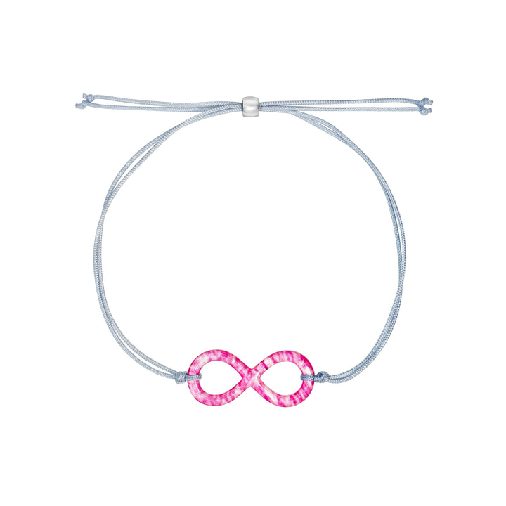 pink breast cancer cell image infinity symbol pendant with resin and gray adjustable cord with Sterling silver slide bead. 