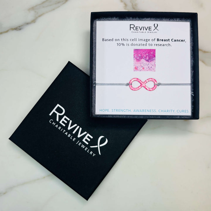 pink breast cancer cell image infinity symbol pendant with resin and gray adjustable cord with Sterling silver slide bead with product packaging