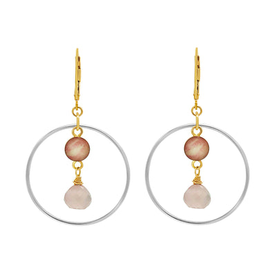 Breast Cancer Awareness Hoop Earrings in sterling silver and 14k gold filled with small round pendant and rose quartz stone.