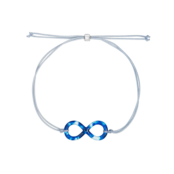 neuroblastoma cell image in resin shaped like an infinity symbol on adjustable gray cord with Sterling silver slide bead 