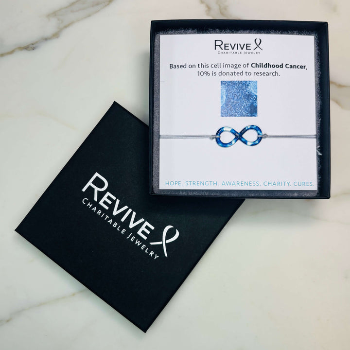 neuroblastoma cell image in resin shaped like an infinity symbol on adjustable gray cord with Sterling silver slide bead with product packaging