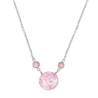 close up of short rose quartz necklaces for breast cancer with Sterling silver chain and circle pendant