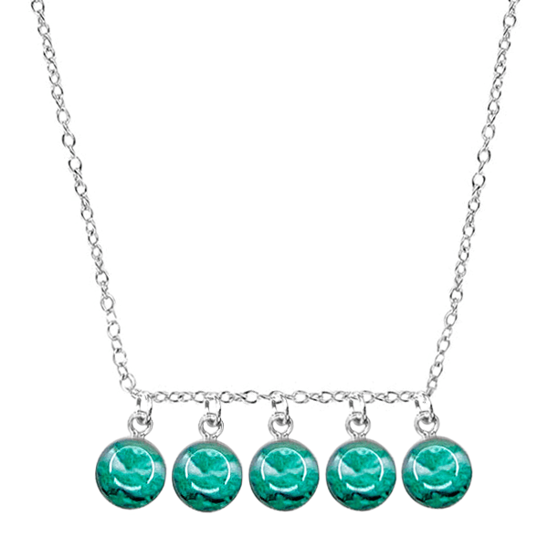 close up of custom fertility necklace in sterling silver with 5 pendants