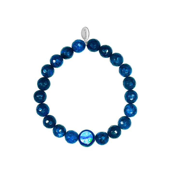 dark blue dumortierite stone stretch bracelet with diabetes cell image in resin pendant