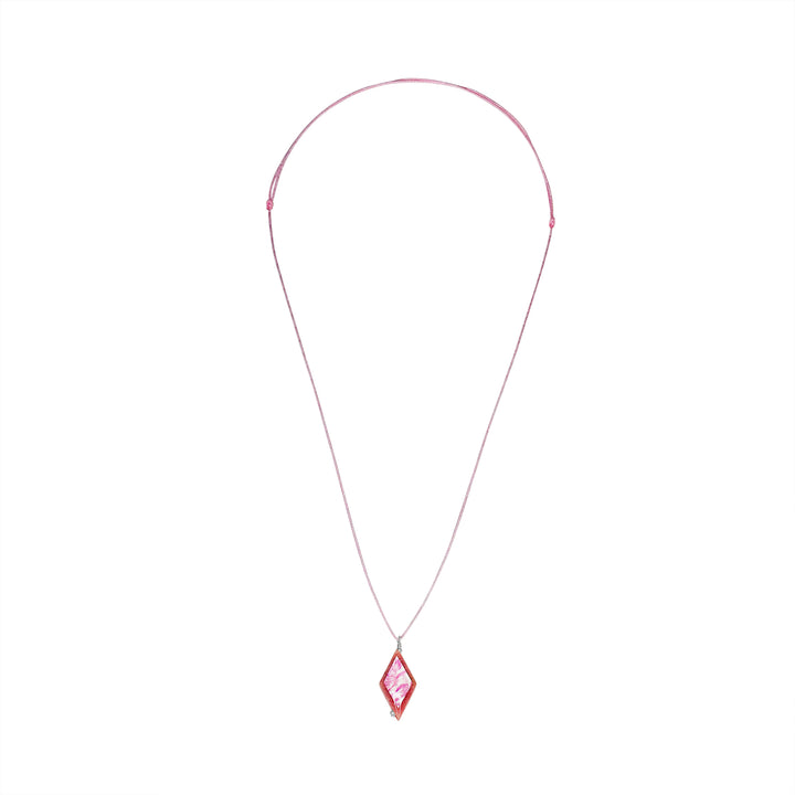 diamond shaped pink rhodonite stone pendant necklace on pink cord featuring breast cancer cell image in resin