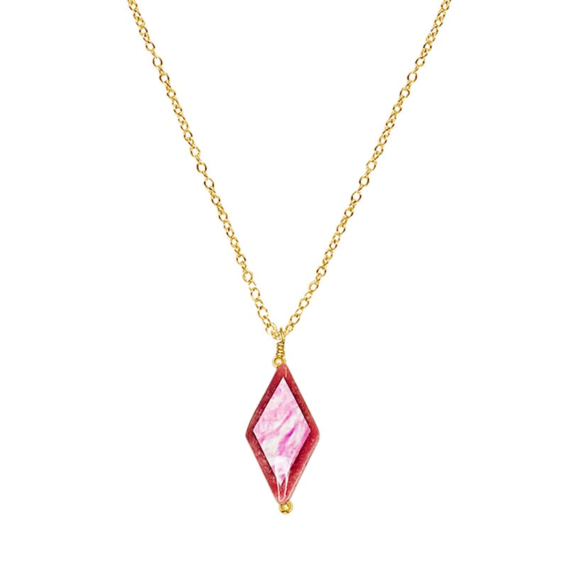 close up of diamond shaped pink rhodonite stone pendant necklace on gold filled chain featuring breast cancer cell image in resin
