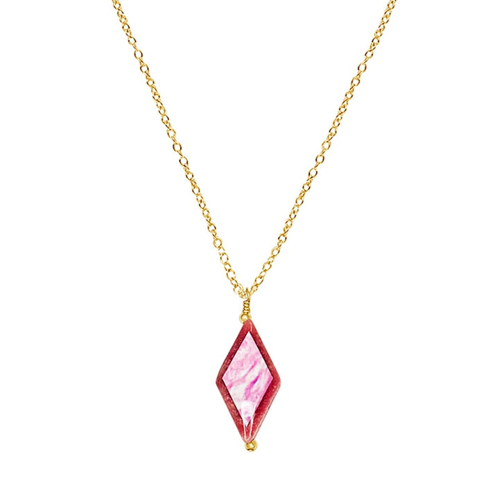 close up of diamond shaped pink rhodonite stone pendant necklace on gold filled chain featuring breast cancer cell image in resin