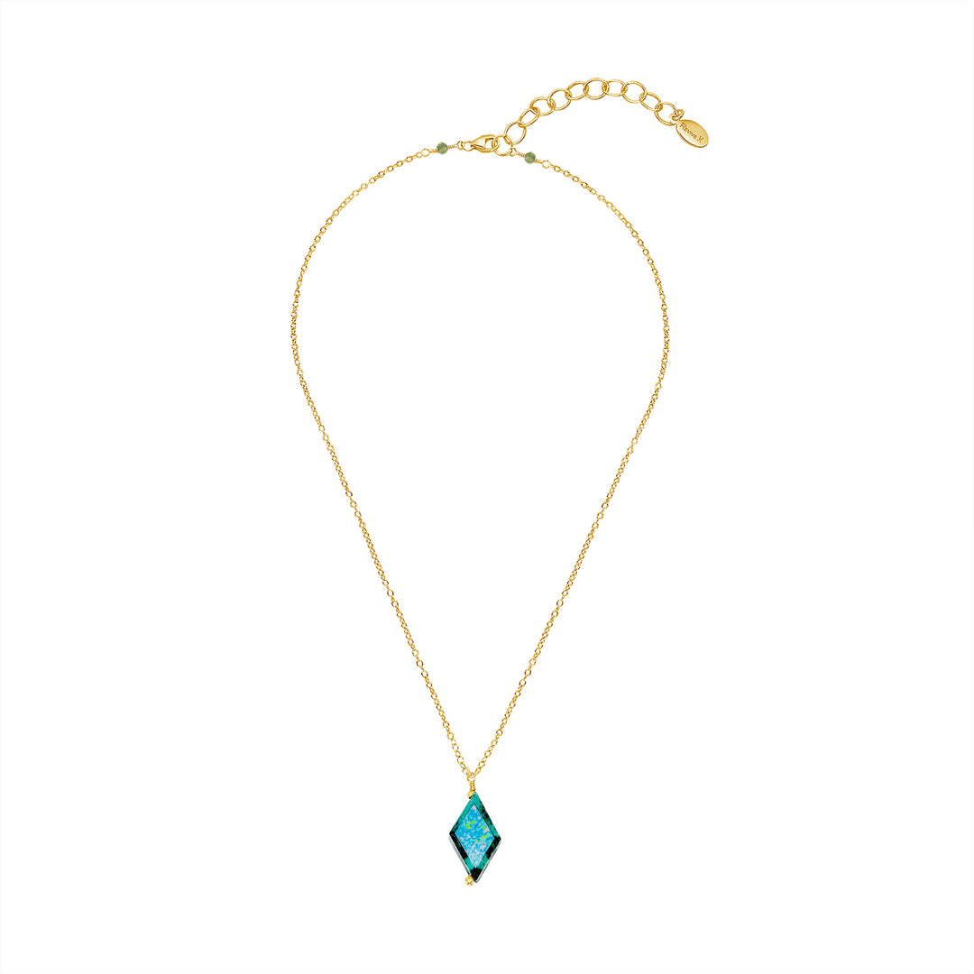 diamond shaped african turquoise stone pendant necklace on gold filled chain  featuring Alzheimer's cell image in resin
