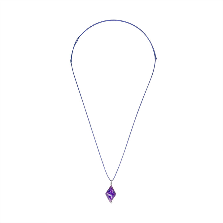 diamond shaped lepidolite stone pendant necklace on purple cord featuring pancreatic cancer cell image in resin