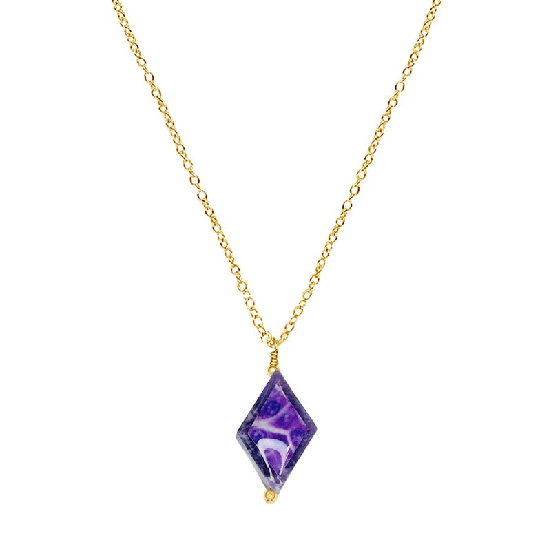 close up of diamond shaped lepidolite stone pendant necklace on gold filled chain featuring pancreatic cancer cell image in resin