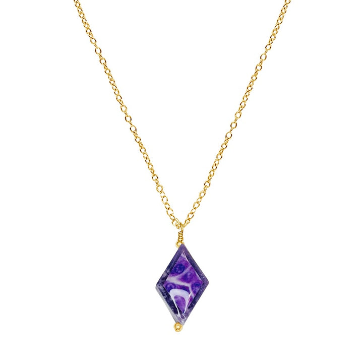 close up of diamond shaped lepidolite stone pendant necklace on gold filled chain featuring pancreatic cancer cell image in resin