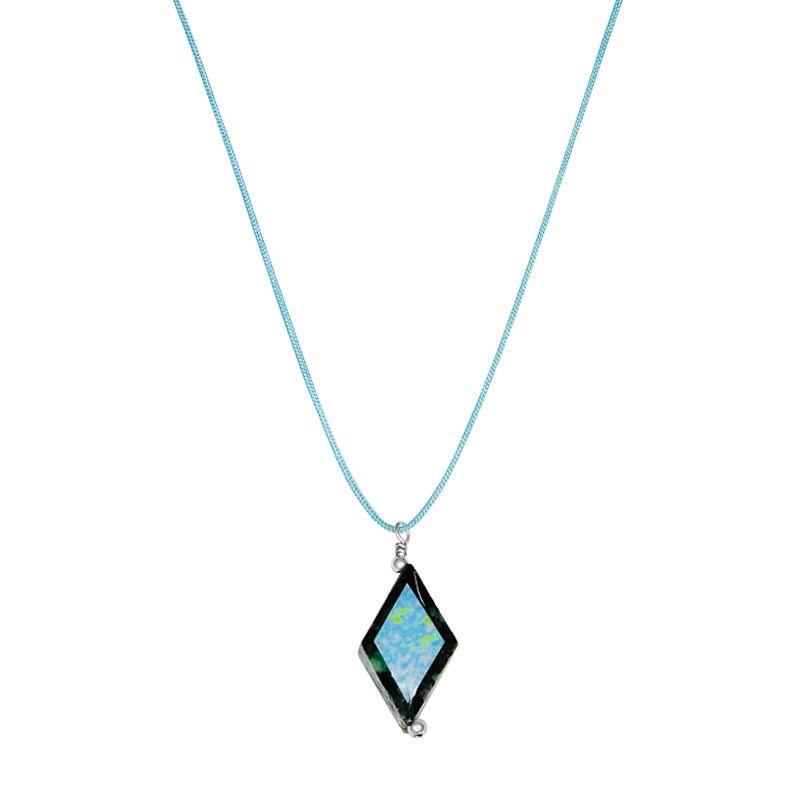 diamond shaped african turquoise stone pendant necklace on aqua cord featuring Alzheimer's cell image in resin