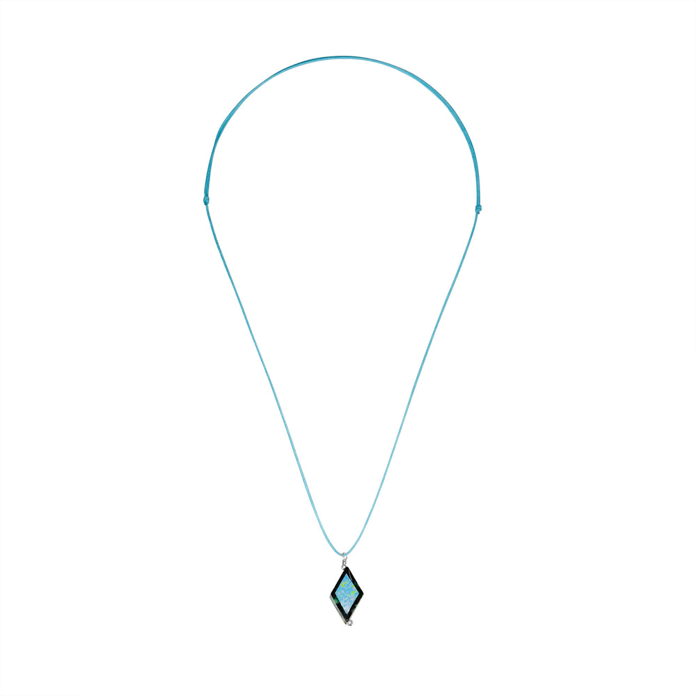 diamond shaped african turquoise stone pendant necklace on aqua cord featuring Alzheimer's cell image in resin