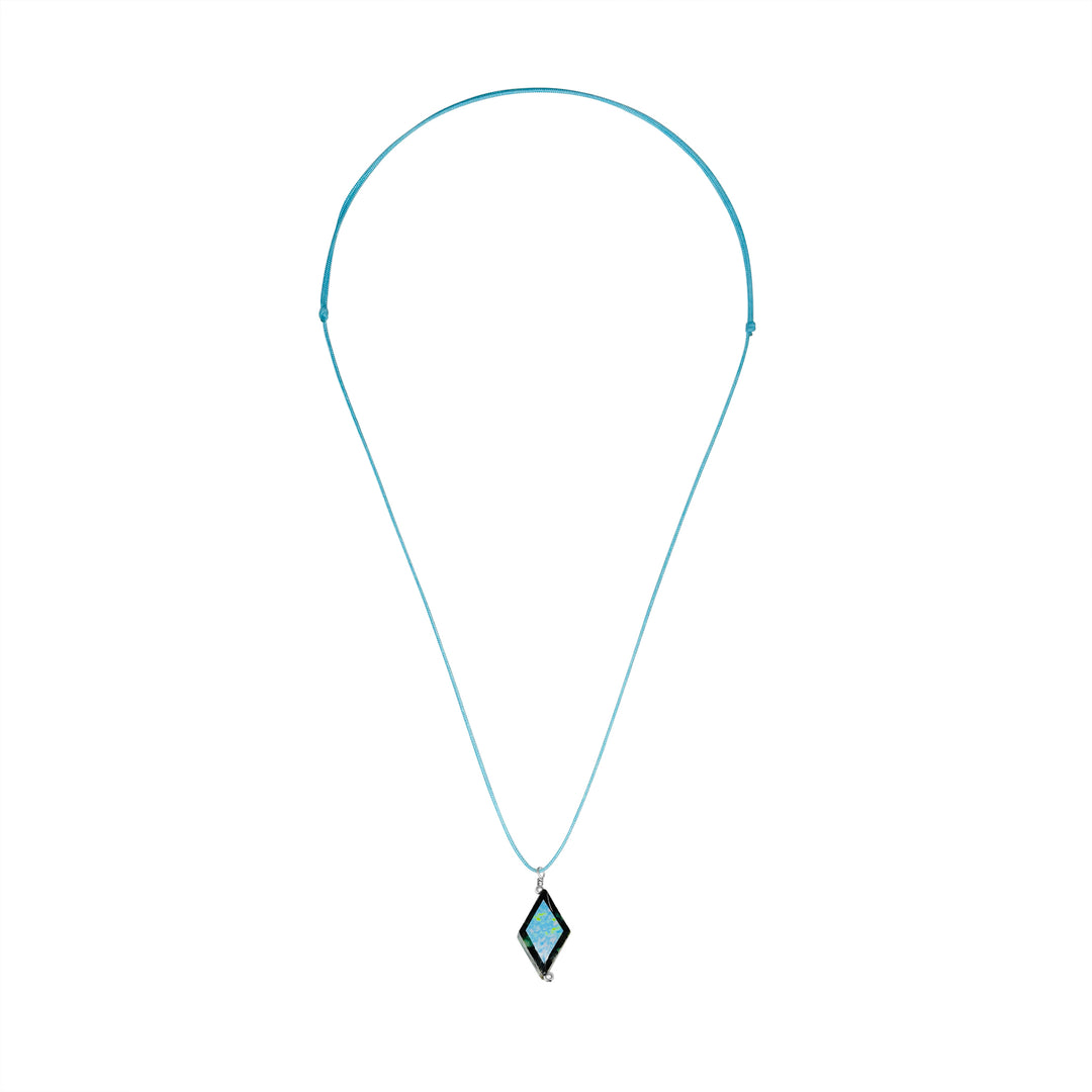 diamond shaped african turquoise stone pendant necklace on aqua cord featuring Alzheimer's cell image in resin