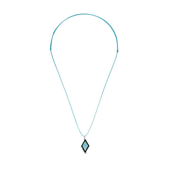 diamond shaped african turquoise stone pendant necklace on aqua cord featuring Alzheimer's cell image in resin