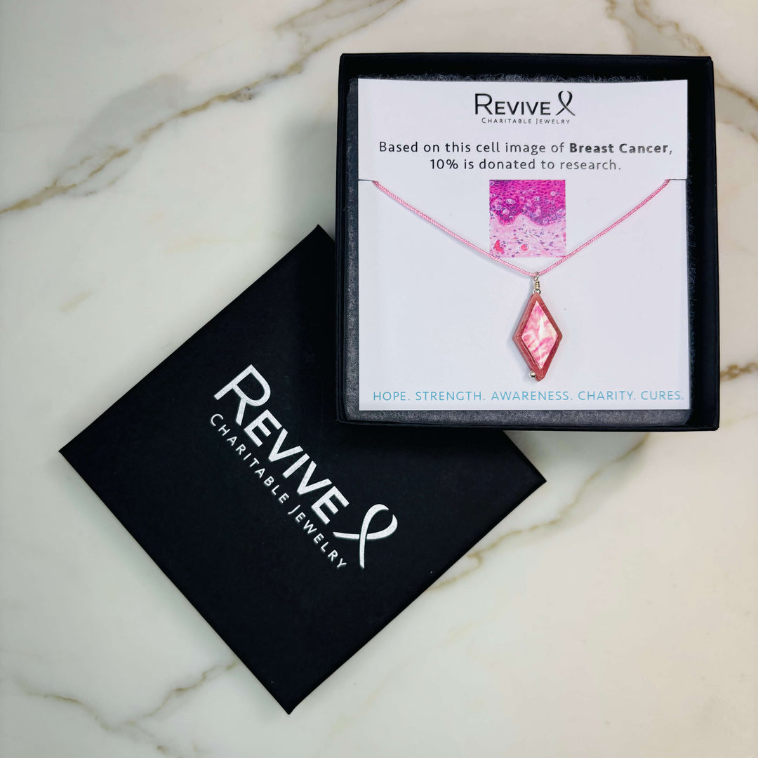 diamond shaped pink rhodonite stone pendant necklace on pink cord featuring breast cancer cell image with product packaging