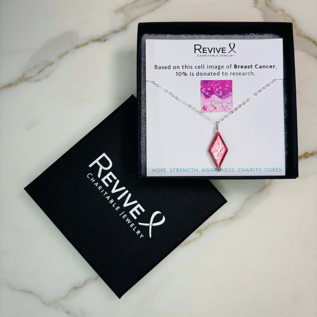 diamond shaped pink rhodonite stone pendant necklace on sterling silver chain featuring breast cancer cell image with product packaging