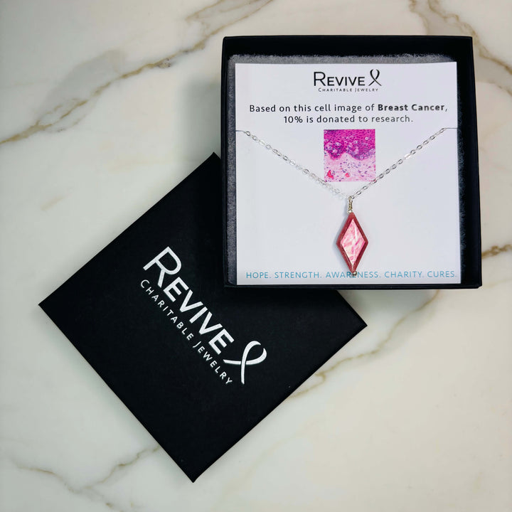 diamond shaped pink rhodonite stone pendant necklace on sterling silver chain featuring breast cancer cell image with product packaging