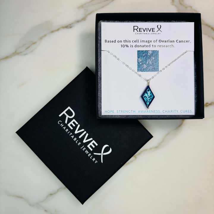 diamond shaped dark blue lapis stone pendant necklace on sterling silver chain featuring ovarian cancer cell image with product packaging