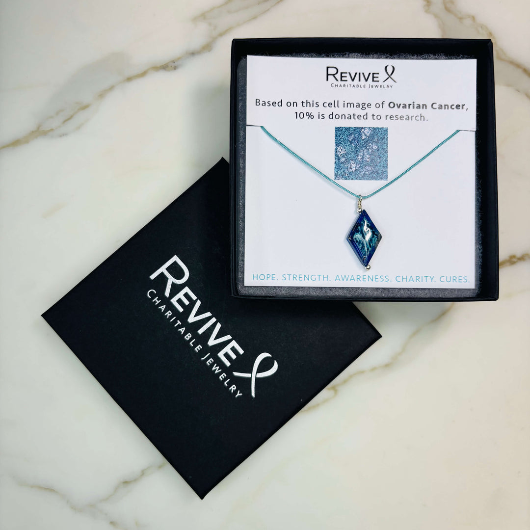diamond shaped dark blue lapis stone pendant necklace on teal cord featuring ovarian cancer cell image with product packaging